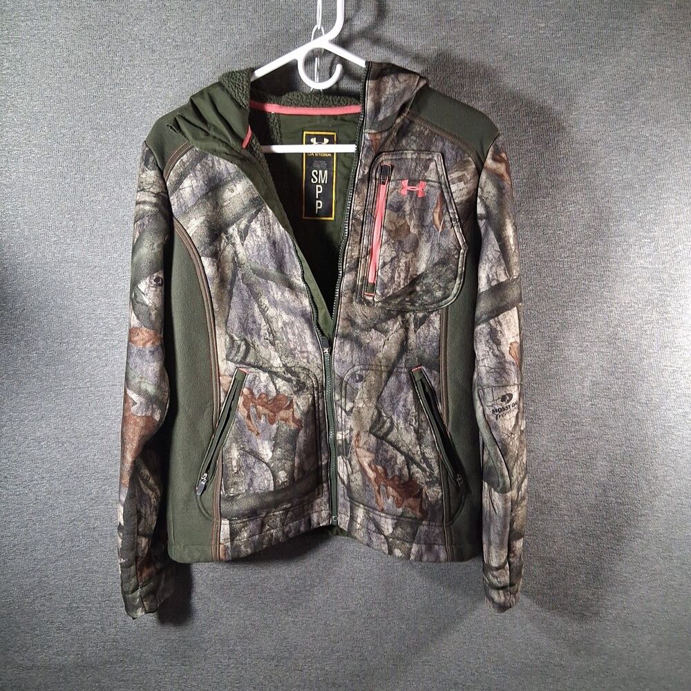 Under Armour Womens S Mossy Oak Camo UA Storm Fleece Full Zip Hooded Jacket Pink